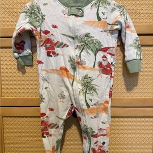 Burt's Bees Cream and Green Holiday Santa Print Baby One-Piece Footie